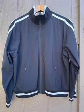Women’s Athleta Black Bomber Jacket with White Stripe Accents Medium